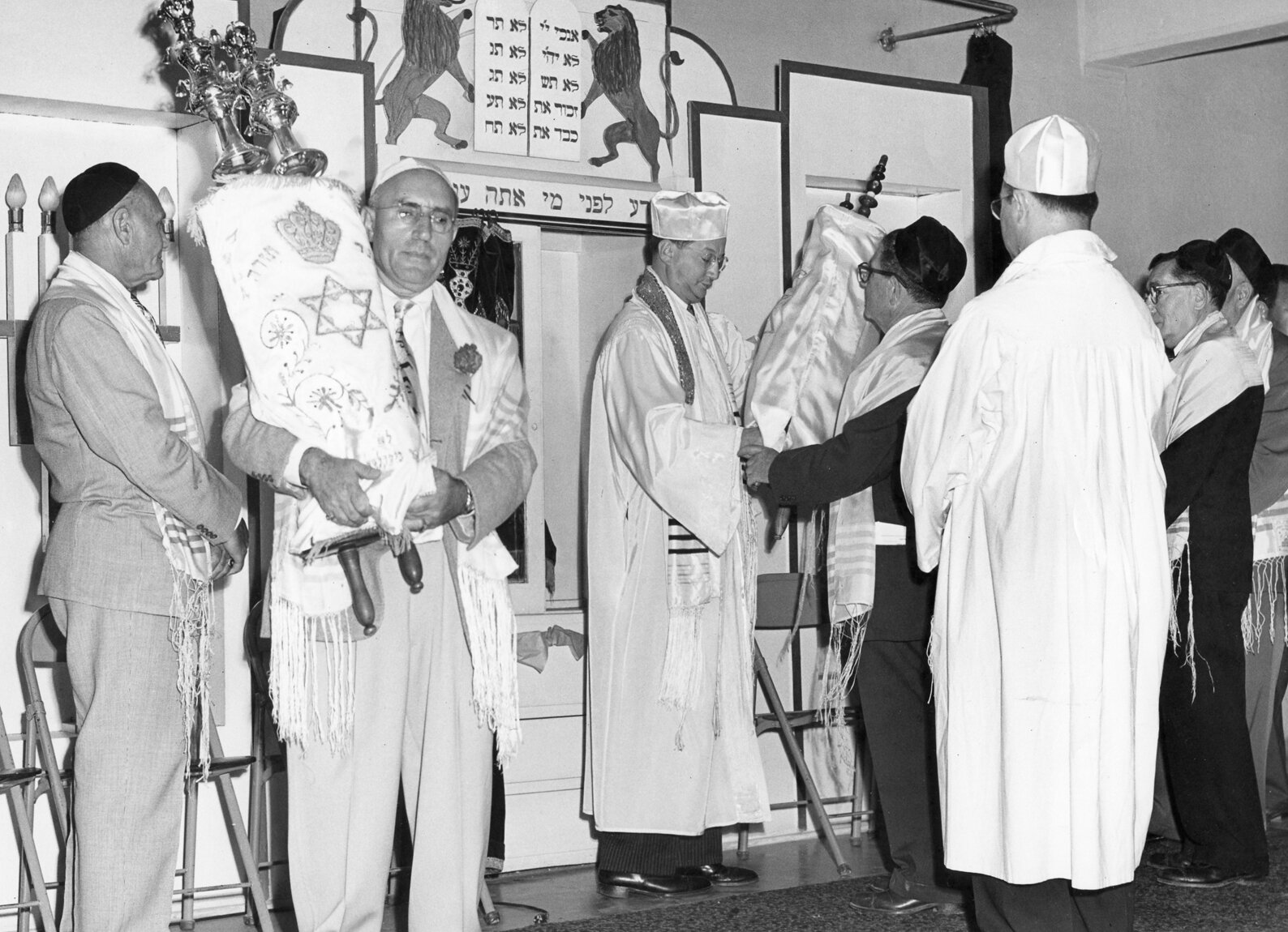 Installing the Torah Scrolls in the Holy Ark at the dedication of Beth El in 1951