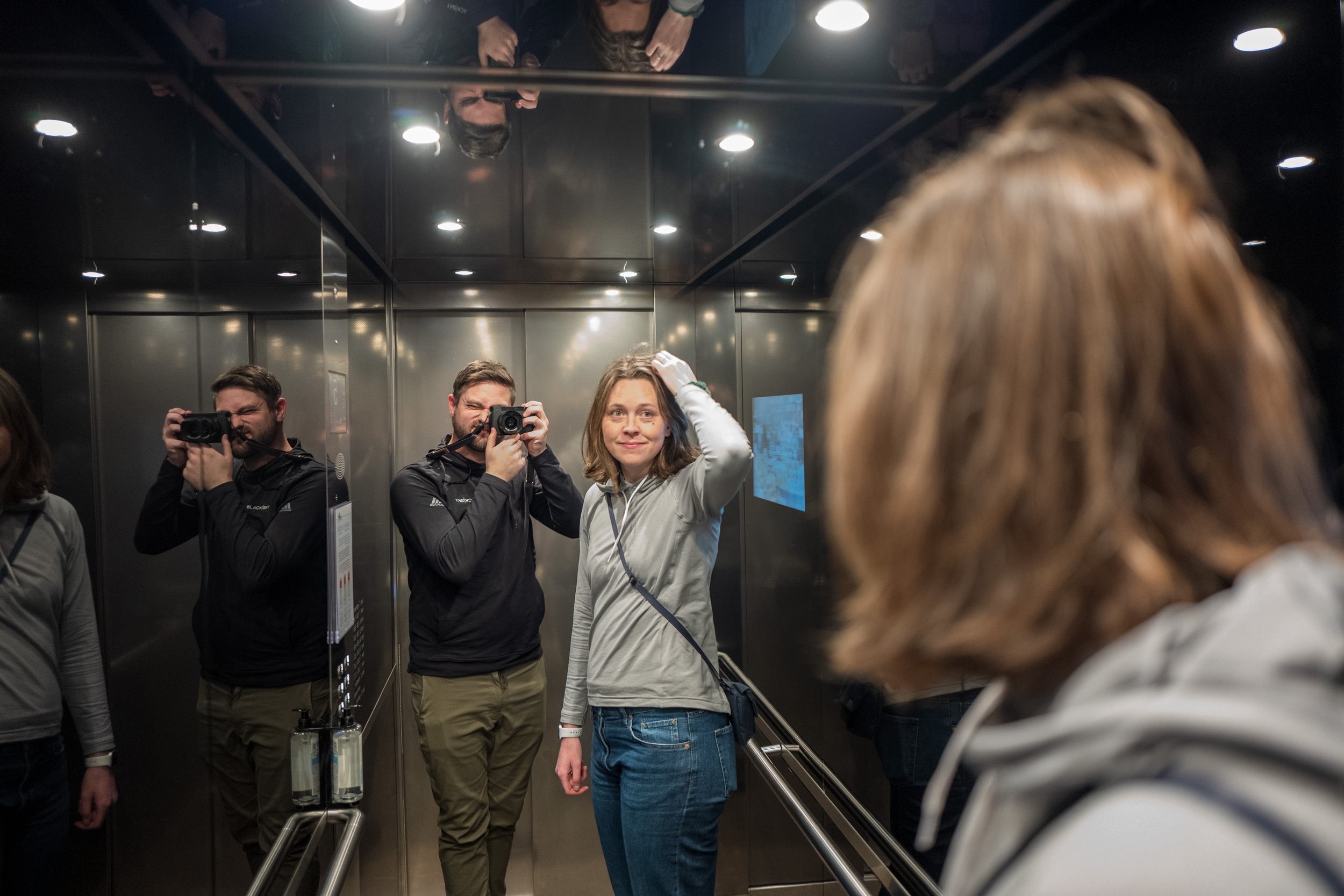  Our customary jetlagged-in-a-tiny-European-elevator picture (photo/Jason Rafal) 