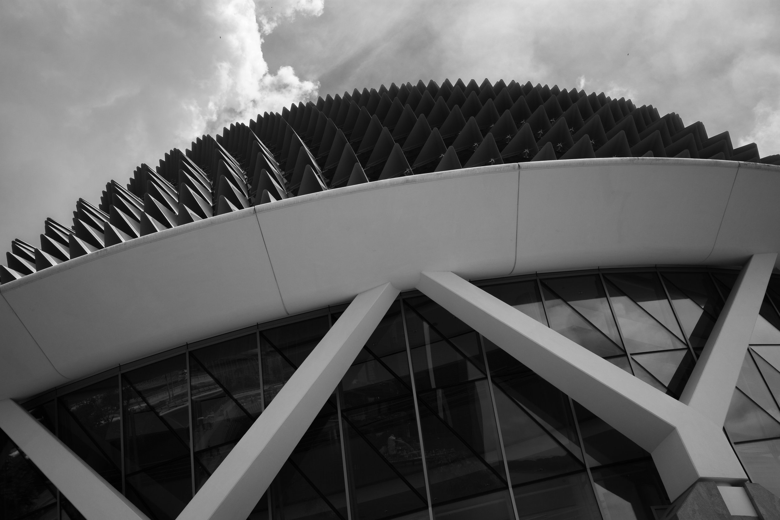 Black and white photo of a spiked roof.