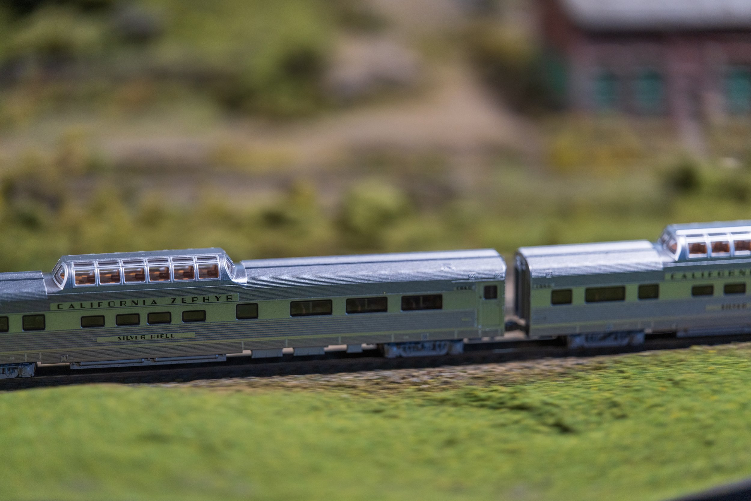 A California Zephyr model train on a track.