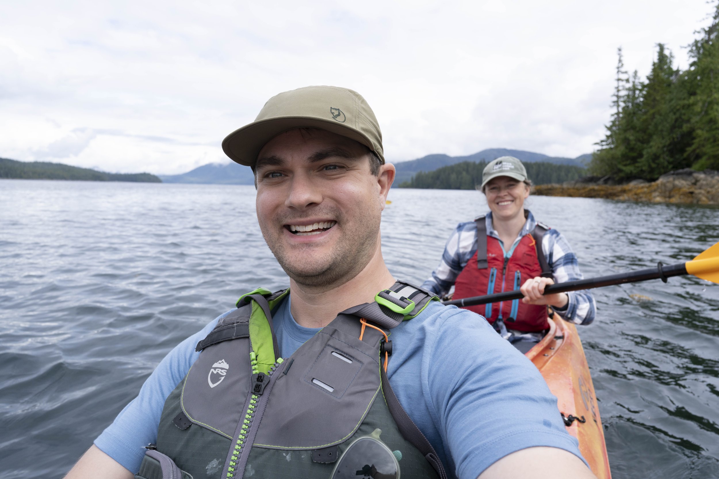 Jason and Nicole in a kayak on the water.