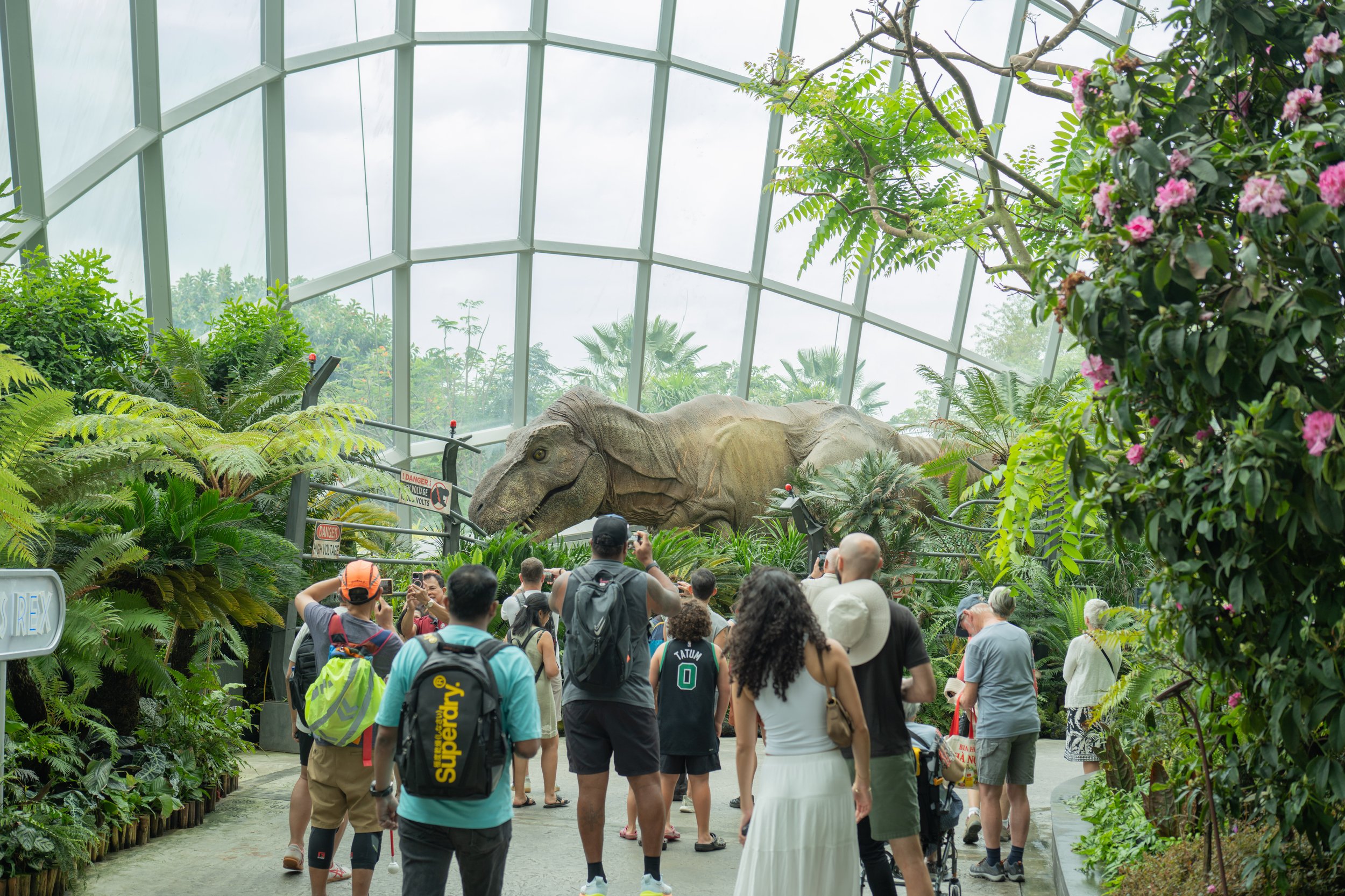 A group of people taking pictures of a giant plastic T-Rex.
