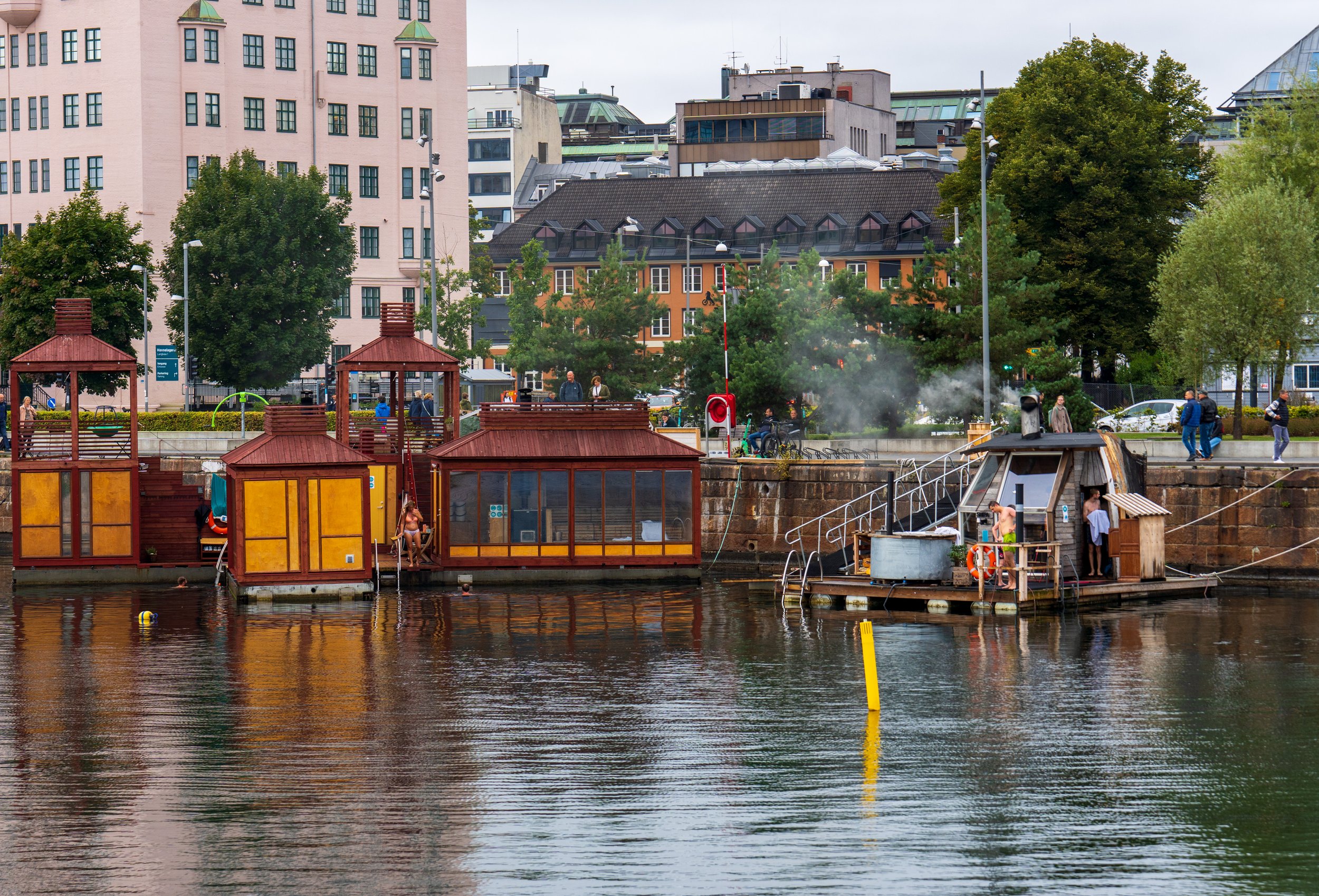 Some of Oslo’s floating saunas from the opera house (photo/Jason Rafal)