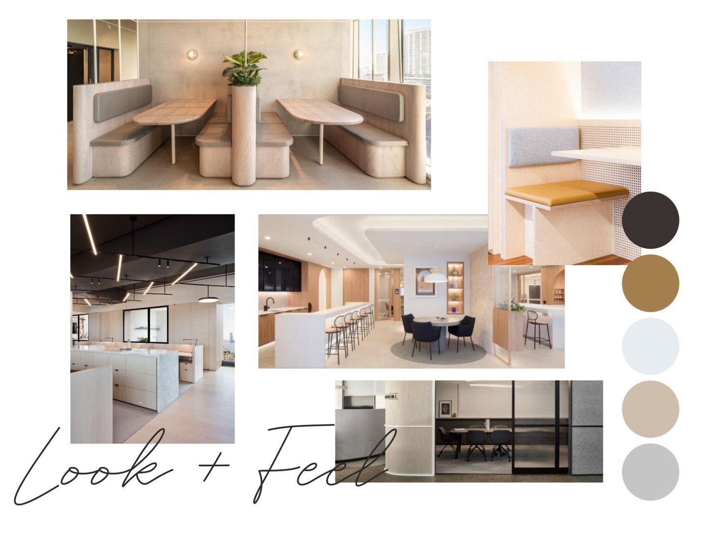 Thrilled to unveil our mood board for a turnkey office space in downtown Vancouver! This design features elegant curves and a captivating mix of wood stains, from light to dark, adding warmth and depth. Curved elements repeat throughout the space to 