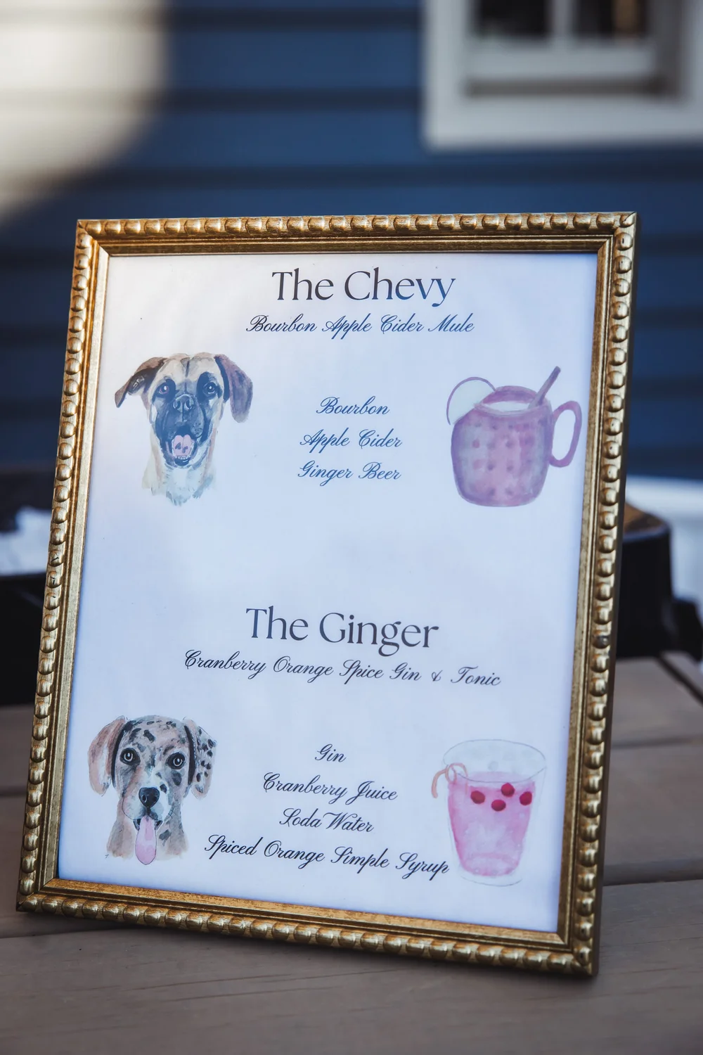 Custom cocktail sign with pet portraits – unique wedding bar sign