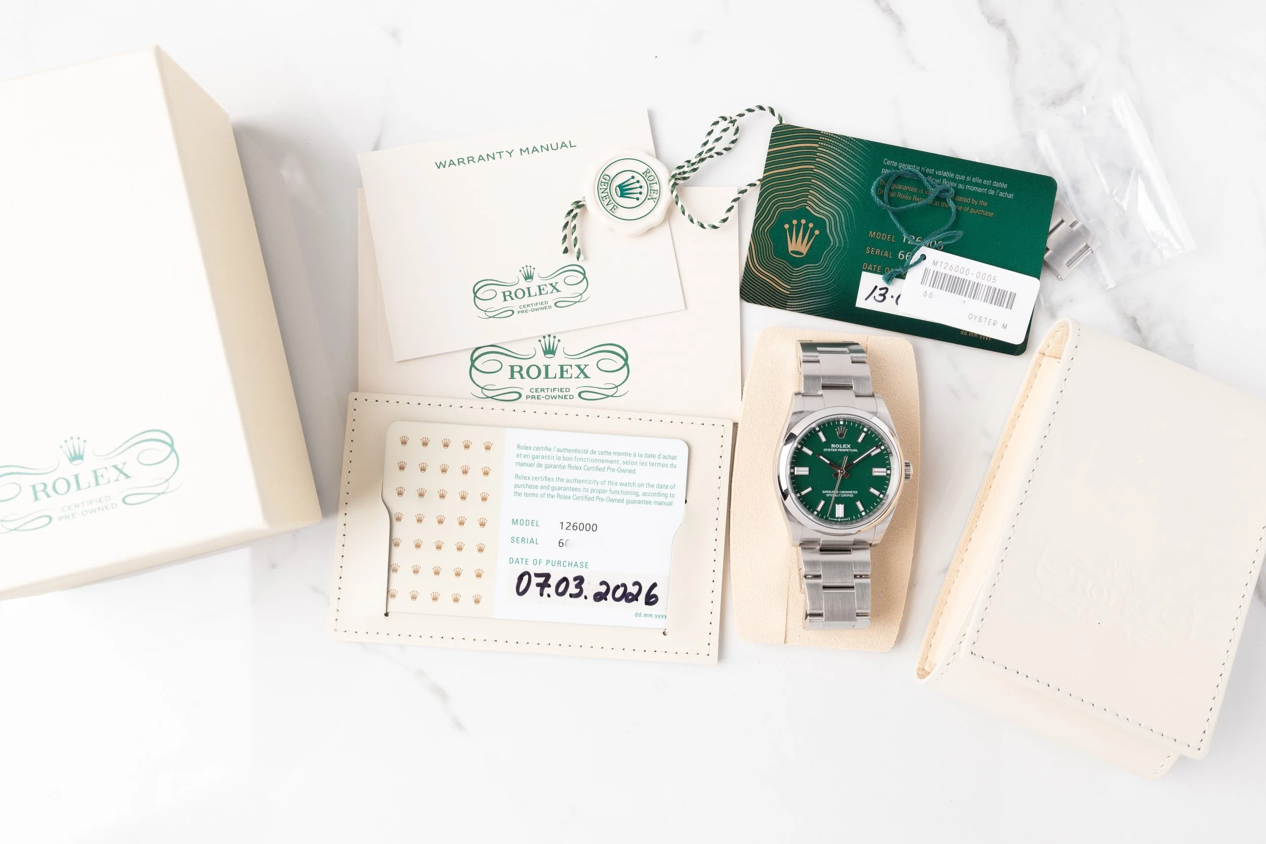 2022 Rolex Oyster Perpetual 126000-0005 Green Dial - Warranty Card, Tag, and CPO Set