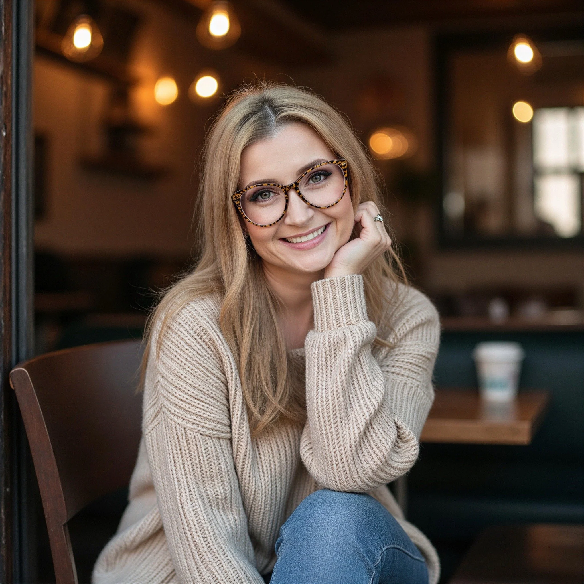 Warm and Welcoming young woman wearing sweater and smiling. Offering safety and security to start therapy.
