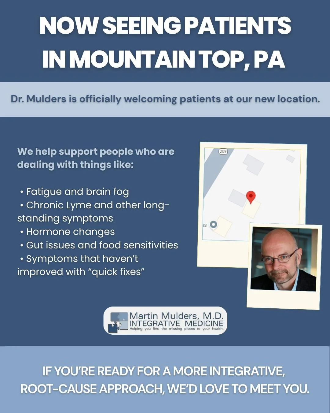 Learn more with the Mountain Top link in our Bio.

Call us on M/W/Thurs to schedule an appointment at our new location!

If you call from 7-7:30am you can speak to Dr. Mulders for free!
