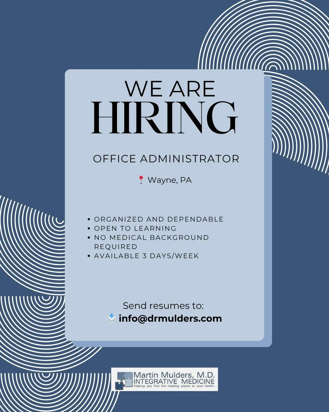 We&rsquo;re looking for someone to join our team 💛

No medical background required, just a willingness to learn.

Send resumes to: 📩 Info@drmulders.com

Please share or tag someone who might be a great fit!