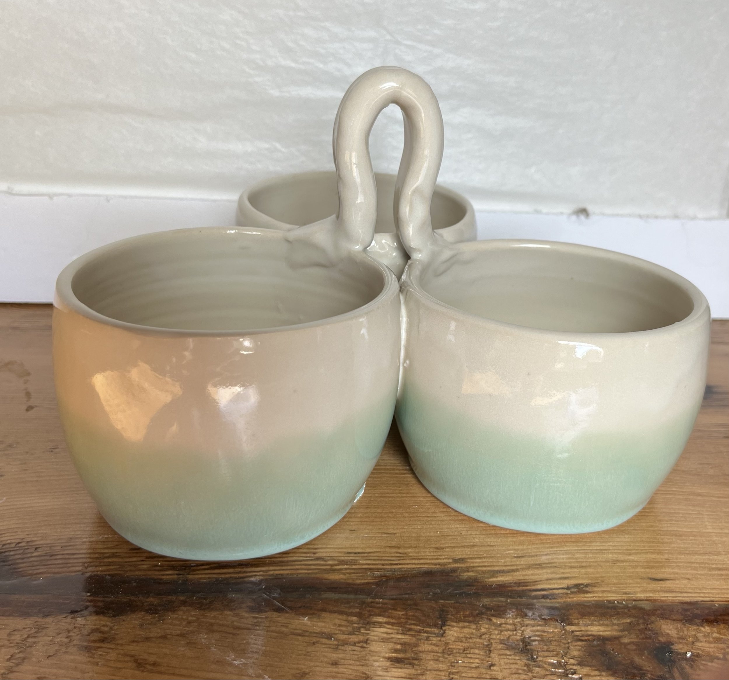 Three bowl relish dish in green and white