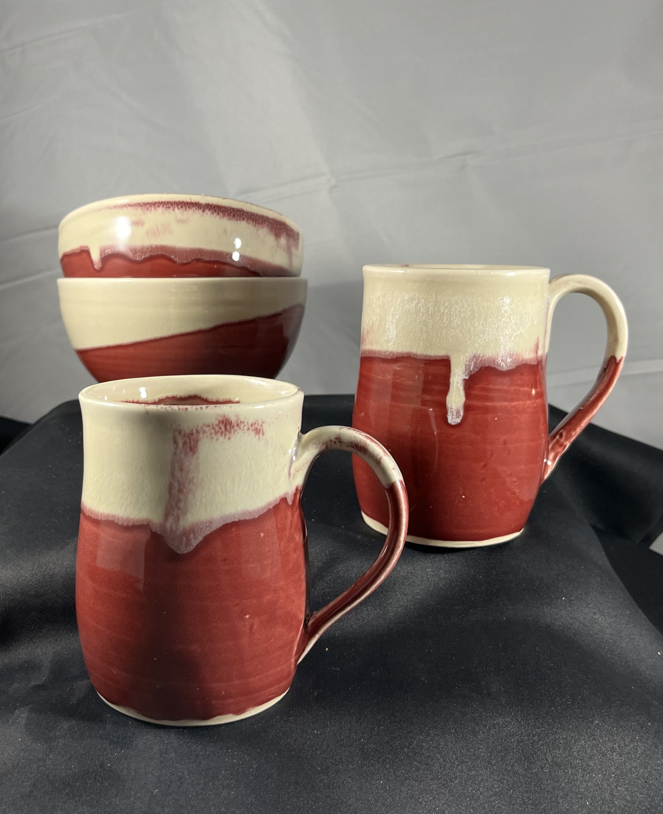 Cranlbery and white mugs and bowls