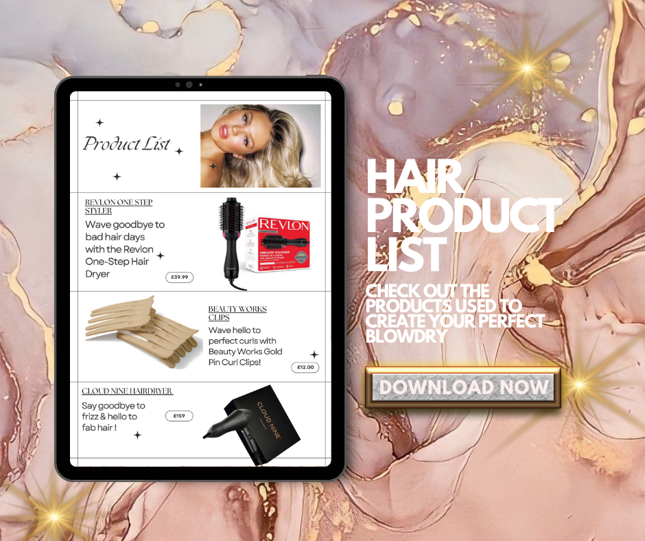 A digital collage featuring a tablet displaying a hair product list and a woman with styled blonde hair. The background has a pink and gold marbled pattern with stars and glowing effects. The text says 'HAIR PRODUCT LIST' and 'CHECK OUT THE PRODUCTS USED TO CREATE YOUR PERFECT BLOWDRY.' There is a "Download Now" button for the list.