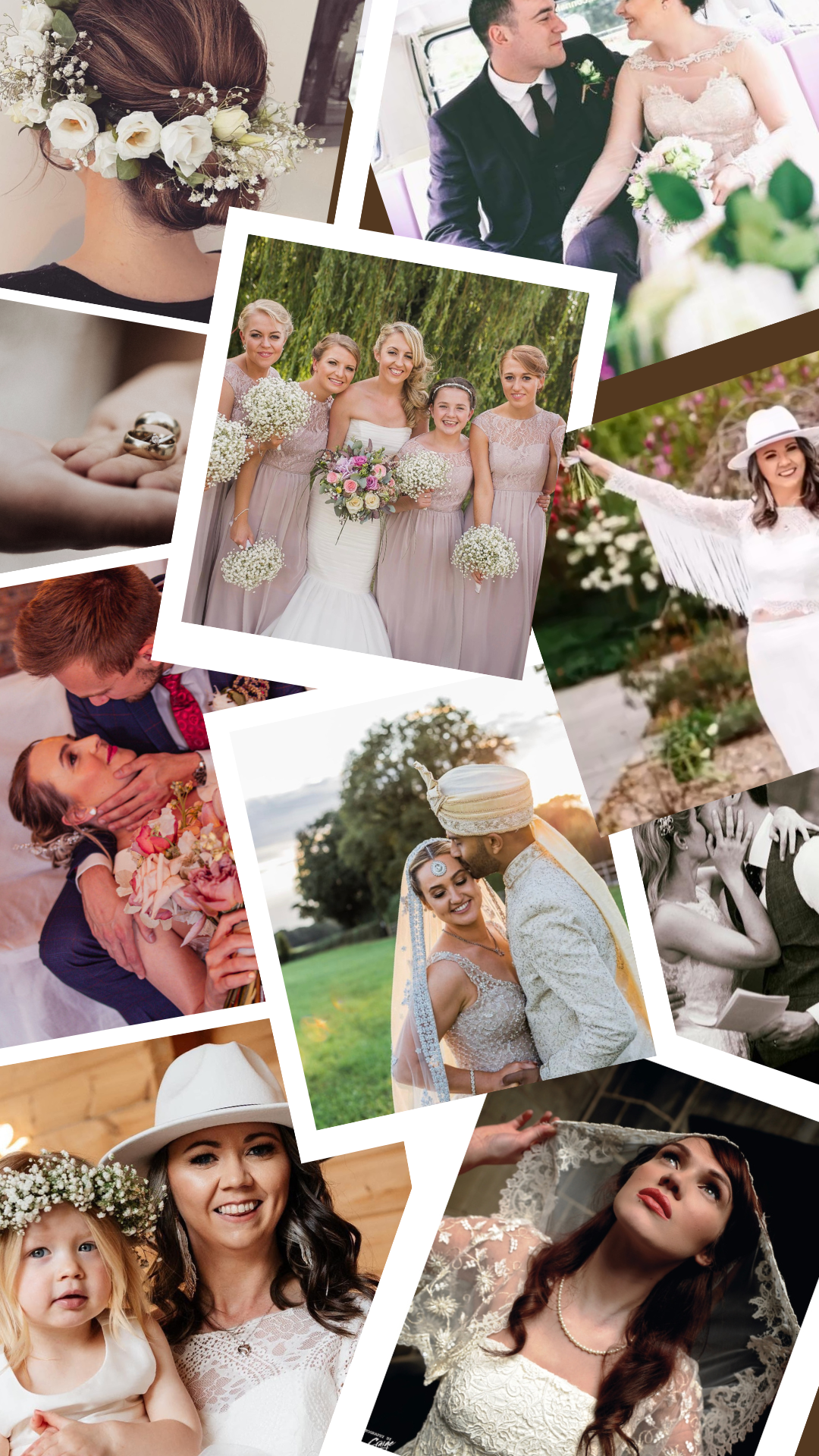 Collage of wedding photos including brides in wedding dresses, couples exchanging rings, wedding party with bridesmaids, bride with bouquet, and guests in a rustic setting.