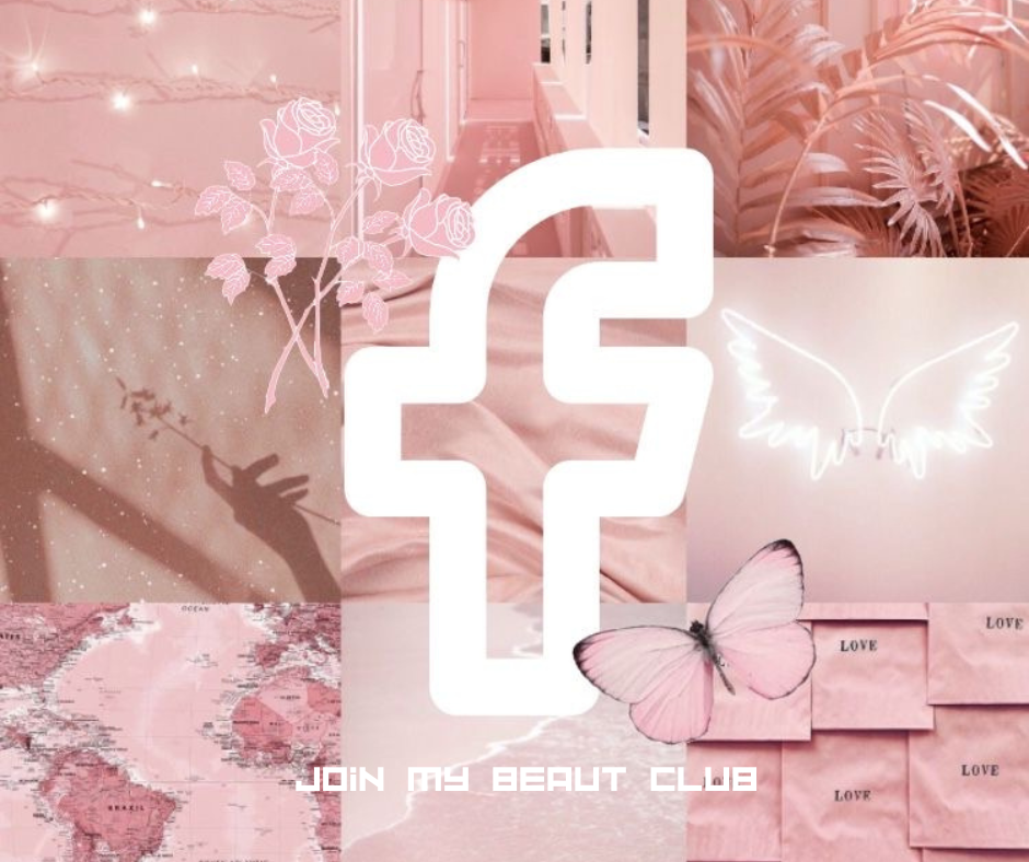 A pink collage featuring neon butterfly and angel wing designs, a world map, pink roses, and the text 'Join My Beauty Club'.