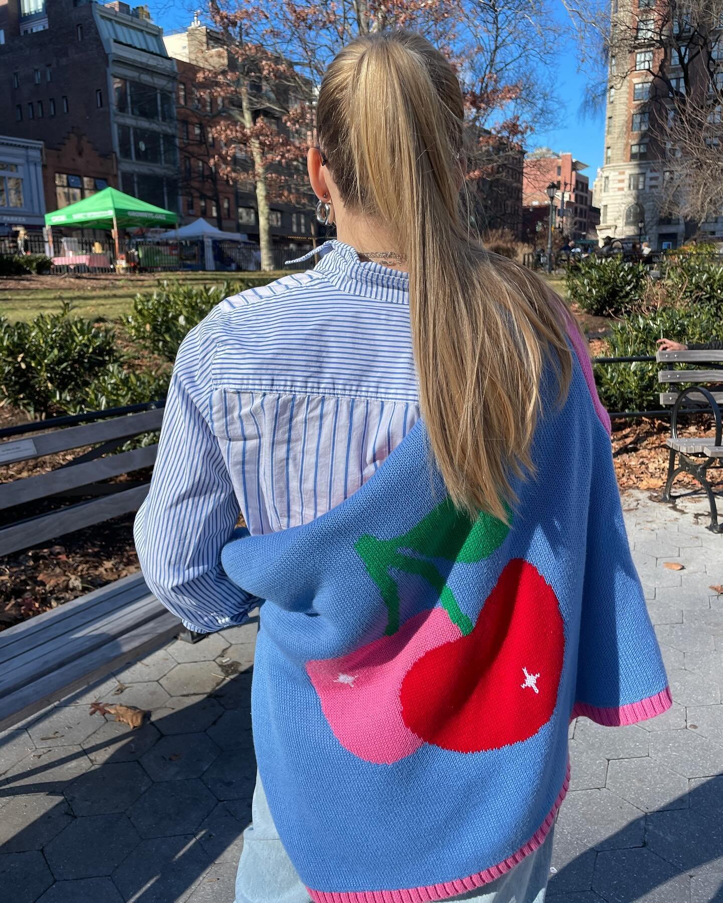 Casual UWS day in the Nissa Sweater!💙🍒✨

#sweaterdesign #colorfulfashion #dopaminedressing #nyc #upperwestside