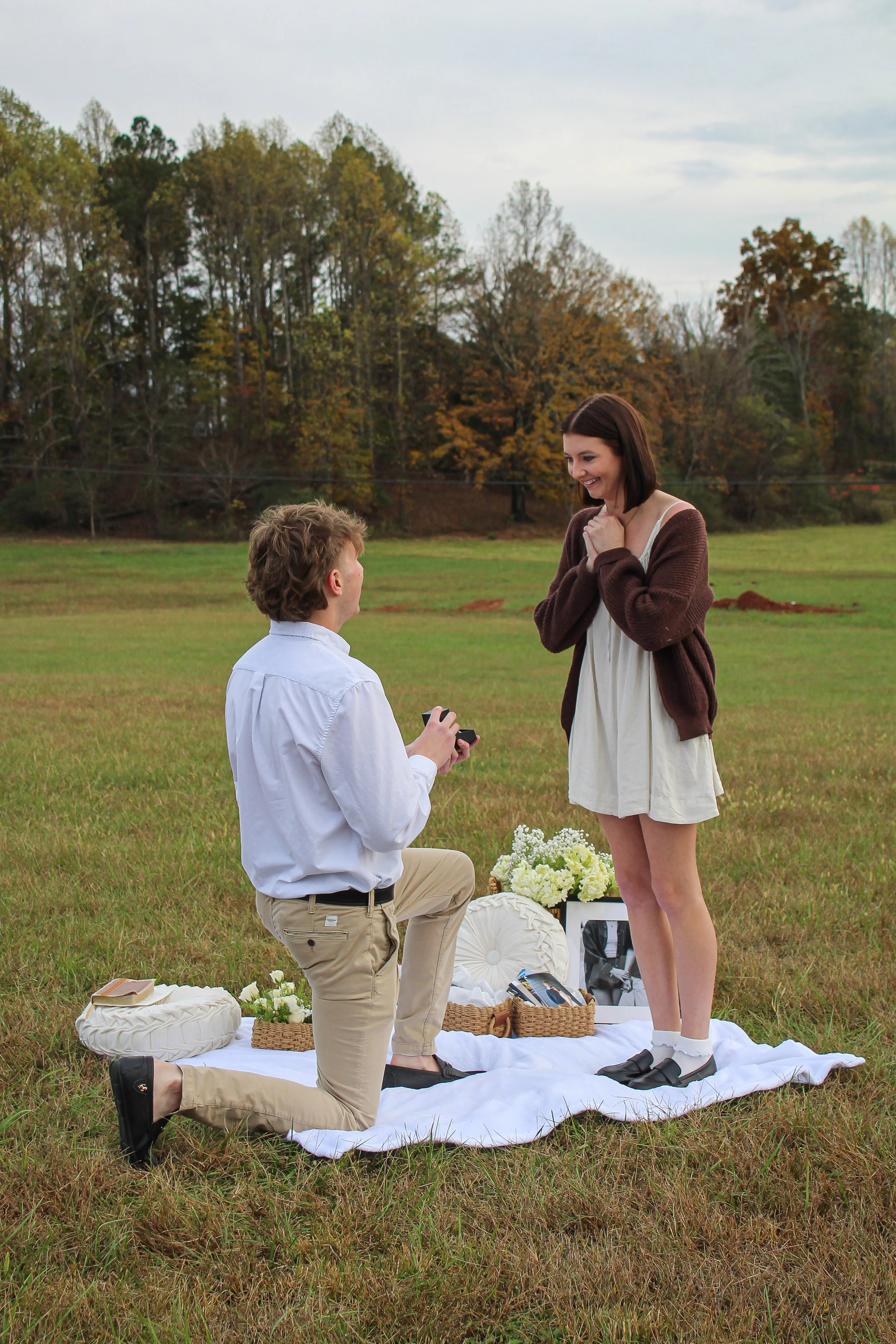 Man proposing during romantic picnic with flowers in Cleveland, Tennessee
