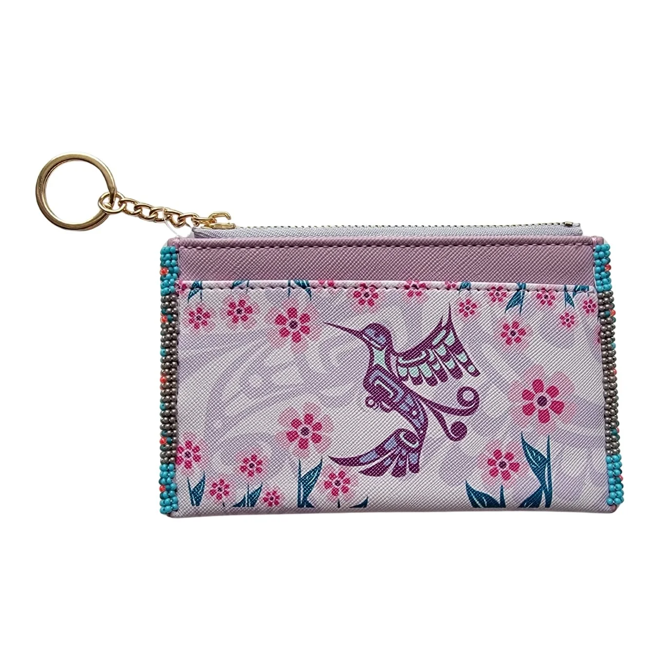 Pink Hummingbird Beaded Wallet Keychain