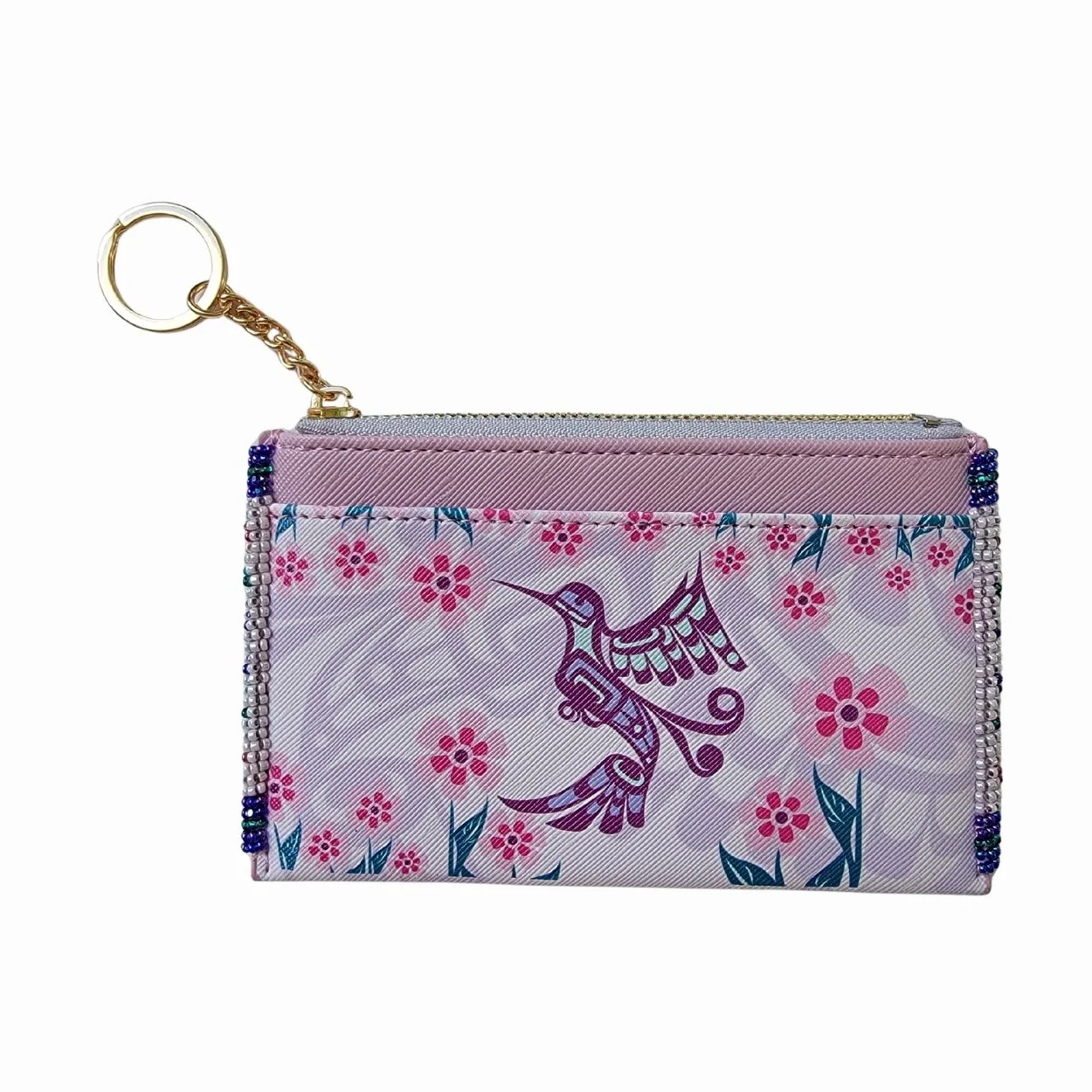 Pink Hummingbird Beaded Wallet Keychain