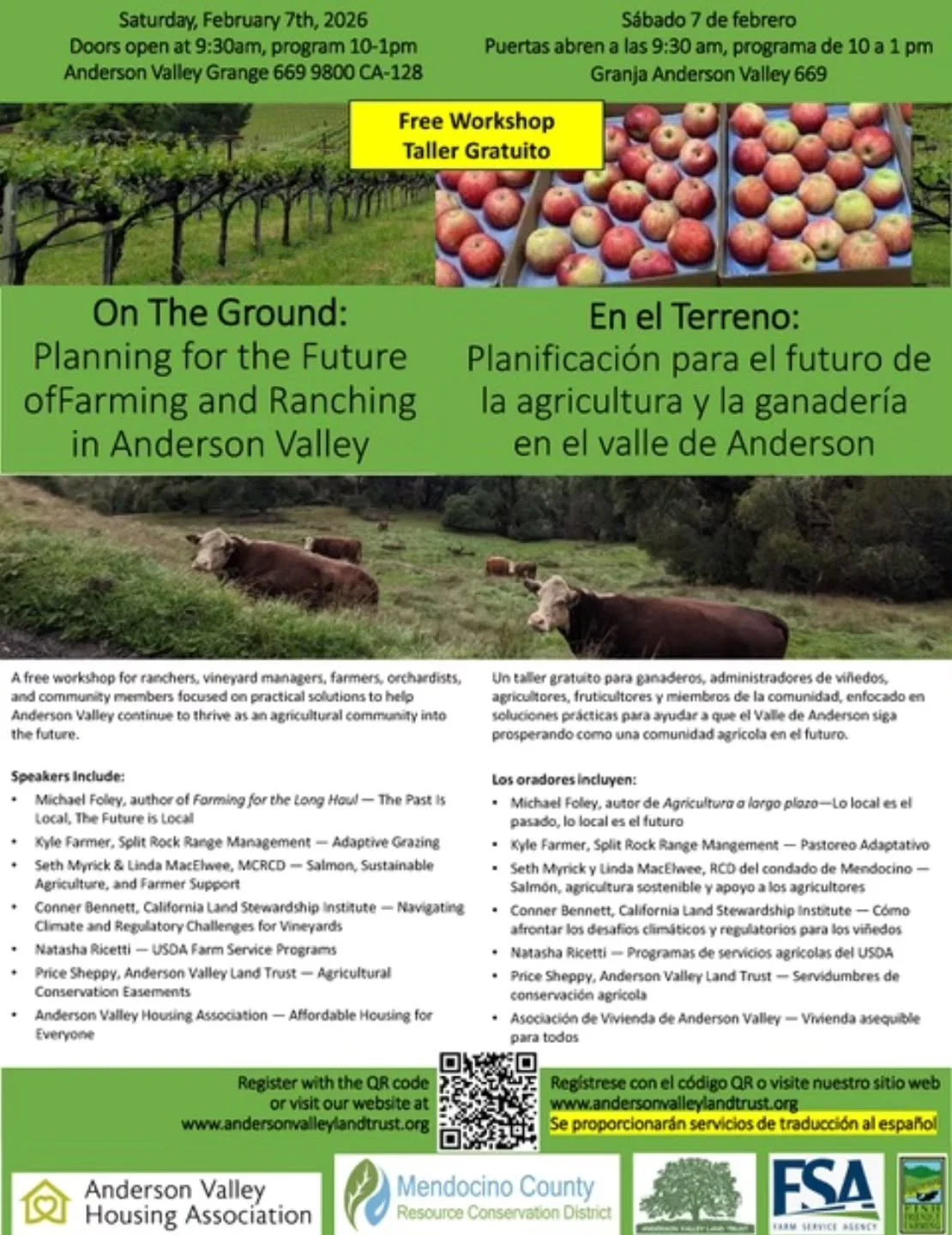 Join us on Saturday, February 7th for a FREE community-focused workshop all about agriculture, water, climate, and living in Anderson Valley. All are welcome to attend.

Doors open at 9:30, presentations from 10am to 1pm. 

Spanish translation is pro