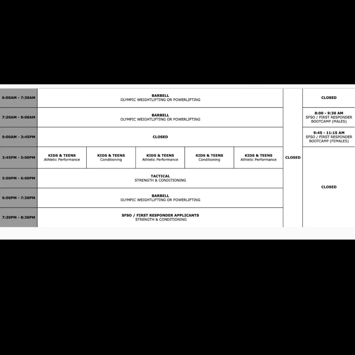 Some added classes!! 

FGBB San Francisco Sheriff Office applicants only Bootcamp on Sundays. 
8am - males
9:45am - females

Strength &amp; Conditioning for First responders applicants only
Monday-Wednesday-Friday @7:30pm

Make sure the main floor is