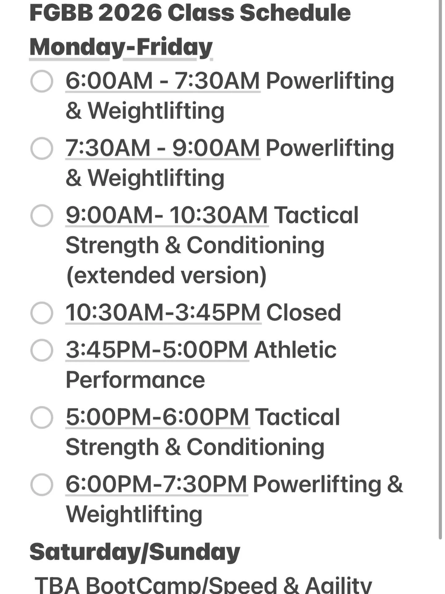 FGBB Class Schedule for 2026

Our first 12 week training programs of 2026 starts January 5th 2026.

How to follow a program
- show up, be consistent
- understanding core components, follow details
- put in quality work, no candy wrappers
-  take note