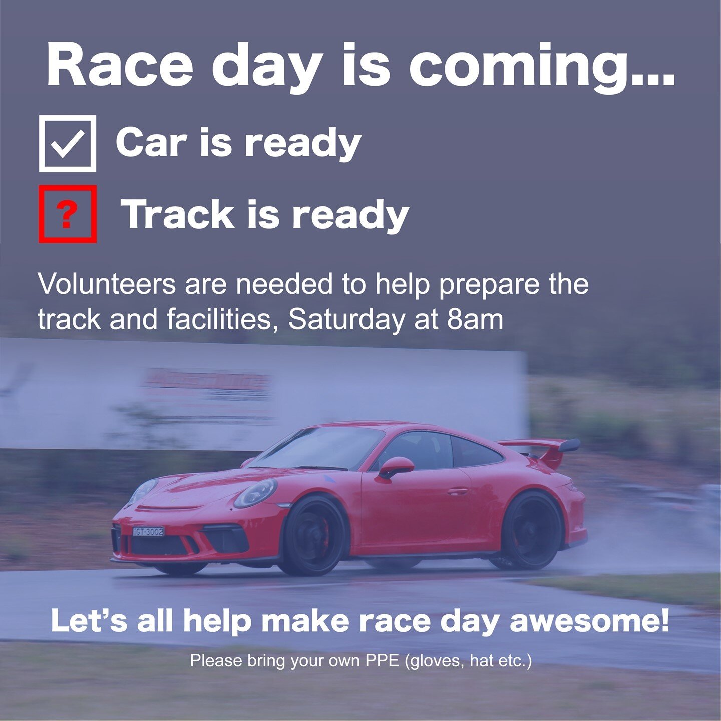 WORKING BEE SATURDAY 8am

The track and facilities need to be prepared for Sunday&rsquo;s hill-climb so there will be a working bee on Saturday morning.

There is dirt and gravel on parts of the track, tree bark and debris on some of the pit roads, s