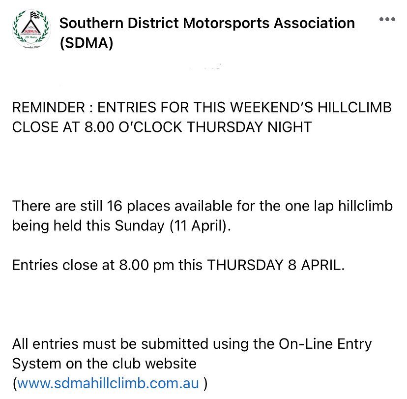 REMINDER : ENTRIES FOR THIS WEEKEND&rsquo;S HILLCLIMB CLOSE AT 8.00 O&rsquo;CLOCK THURSDAY NIGHT

 

There are still 16 places available for the one lap hillclimb being held this Sunday (11 April).

Entries close at 8.00 pm this THURSDAY 8 APRIL.

 
