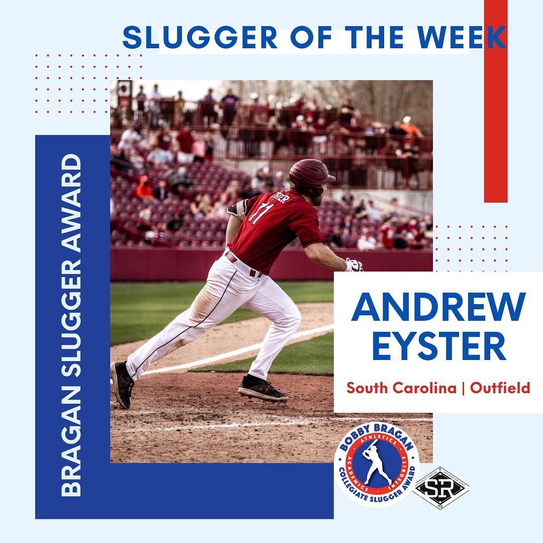 Andrew Eyster of 
@gamecockbaseball is our Slugger of the Week!
.545/.615/1.182
Andrew had a great week, hitting .545 with 7 RBI and 3 runs scored. He had 6 hits, 3 for extra bases including 2 homers and a double. He had 3-hit game that produced 6 RB