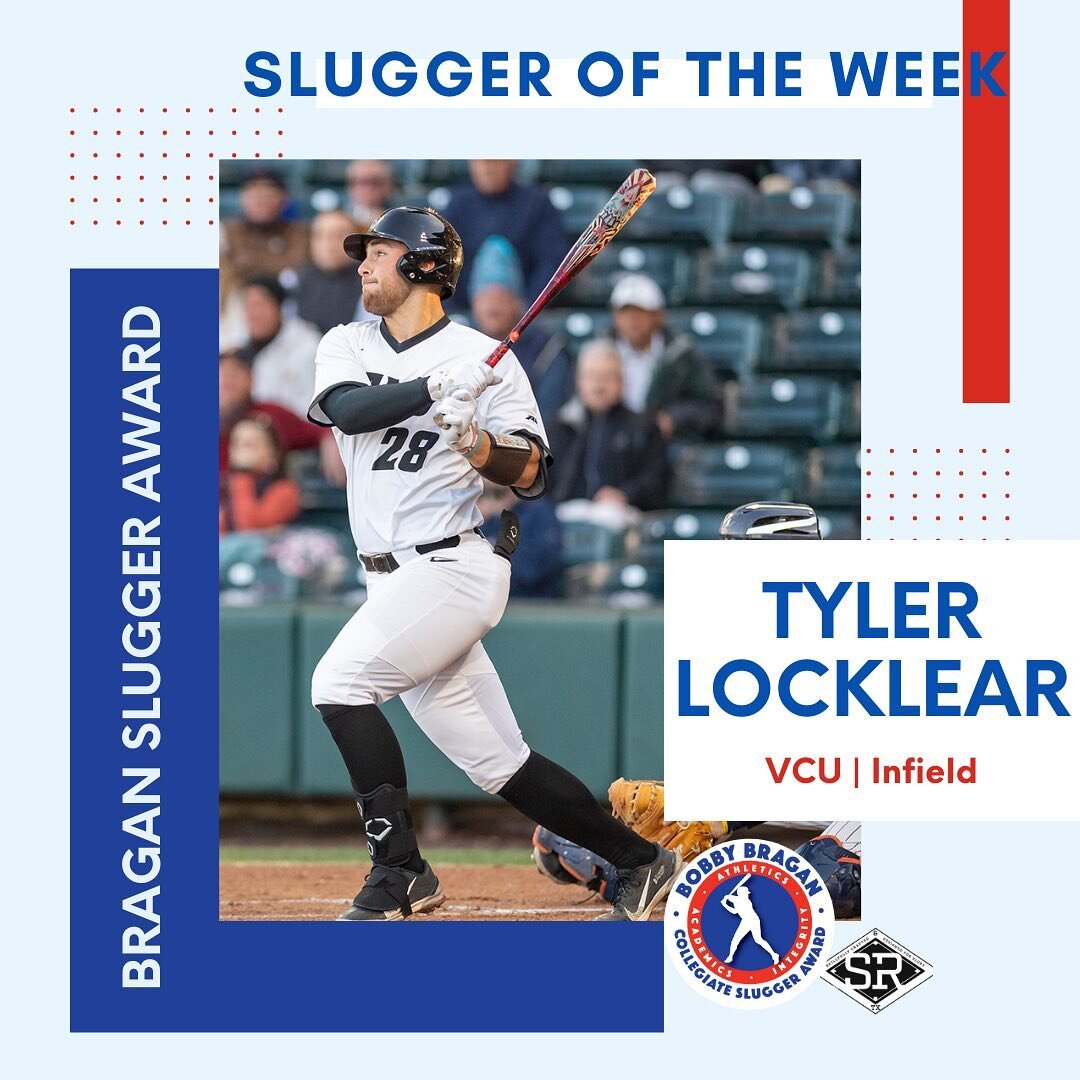 Tyler Locklear of VCU is our Slugger of the Week!

He led the Watch List in Hits (11), RBI (12), runs scored (10) and extra base hits (5). His average of .647 was about 170 points better than his nearest competitor this week and Tyler was the only hi