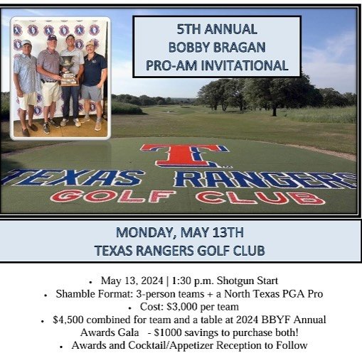 REMINDER!!! Join us for the 5th Annual Bobby Bragan Pro-Am Invitational at Texas Rangers Golf Club! We can only take a limited number of teams, so get your registration in now. Get more info on sponsorship packages at https://www.braganslugger.com/go