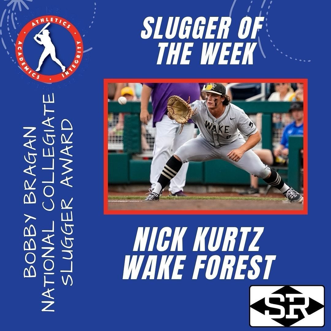 Congratulations to this week's Bobby Bragan National Collegiate Slugger of the week!  Watch List returnee Nick Kurtz of Wake Forest showed out with a line of .572/.700/1.929.  He posted 8 hits in 14 at bats and drove in a List leading 11 runs while s