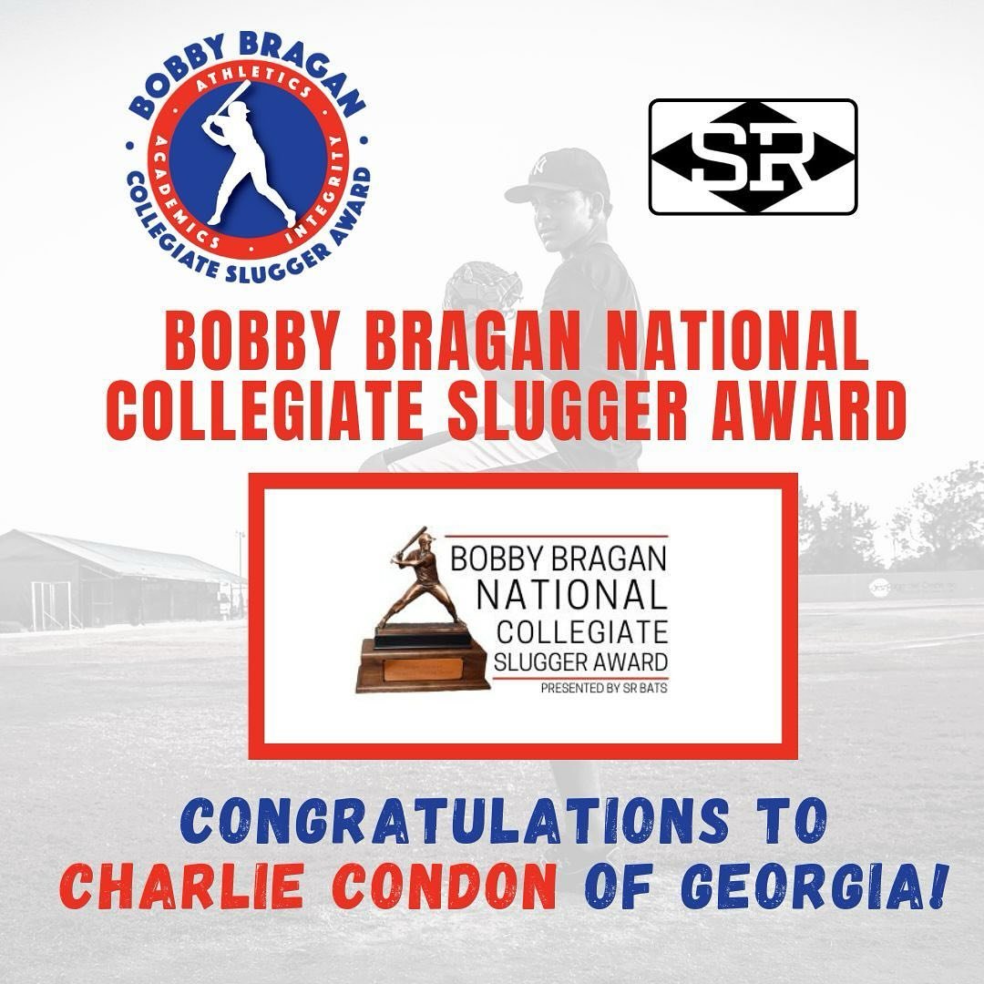 The Bobby Bragan National Collegiate Slugger Award (BBNCSA) presented by SR Bats announced today that Charlie Condon from Georgia has won the 2024 award as the nation&rsquo;s top college baseball hitter. Condon will be honored at a Gala in the fall i