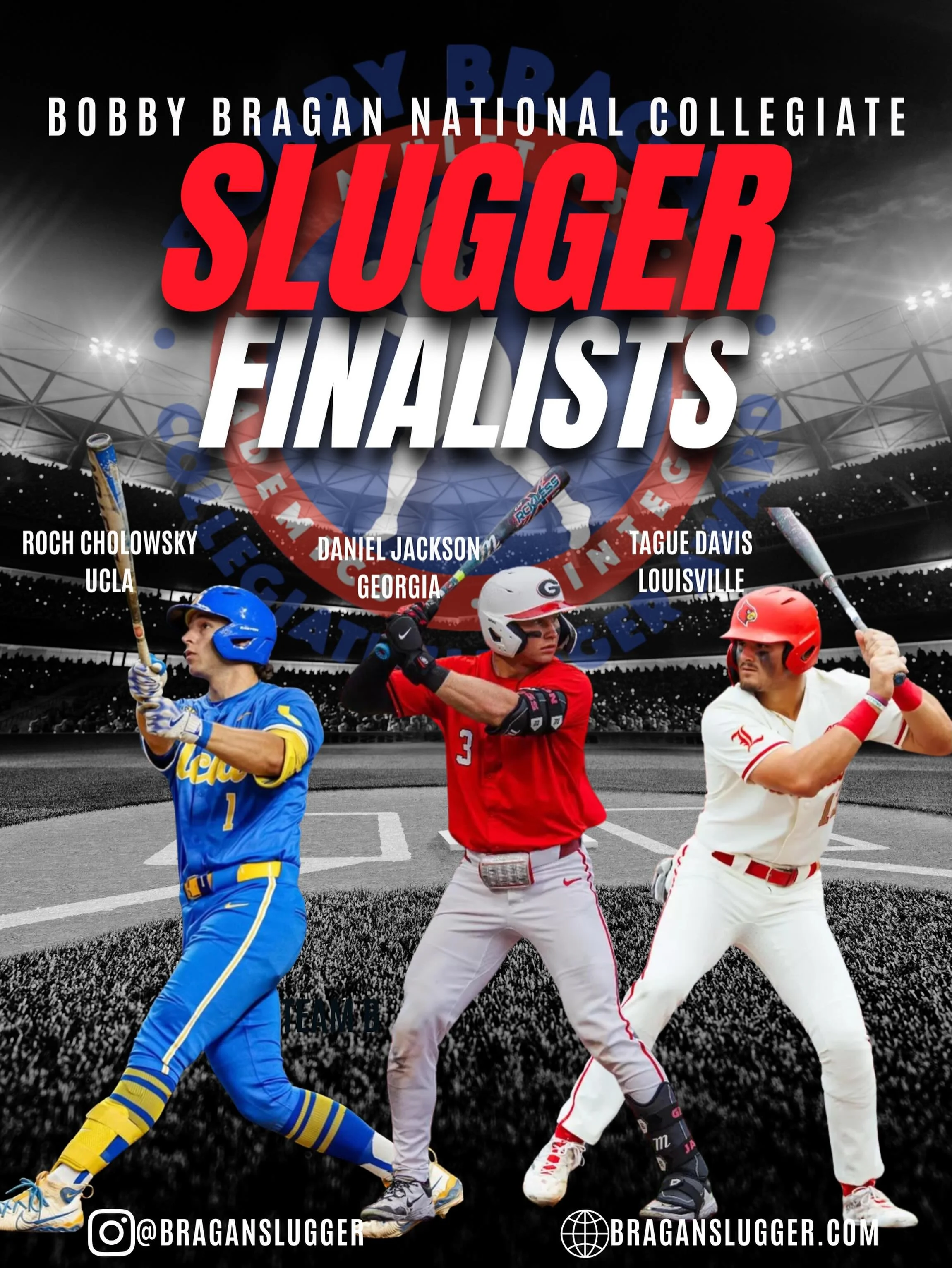🚨 FINALISTS ANNOUNCED 🚨

We are pumped to reveal the three finalists for the Bobby Bragan National Collegiate Slugger Award - Slugger of the Year!

Roch Cholowsky &mdash; UCLA
Daniel Jackson &mdash; Georgia 
Tague Davis &mdash; Louisville

These ou