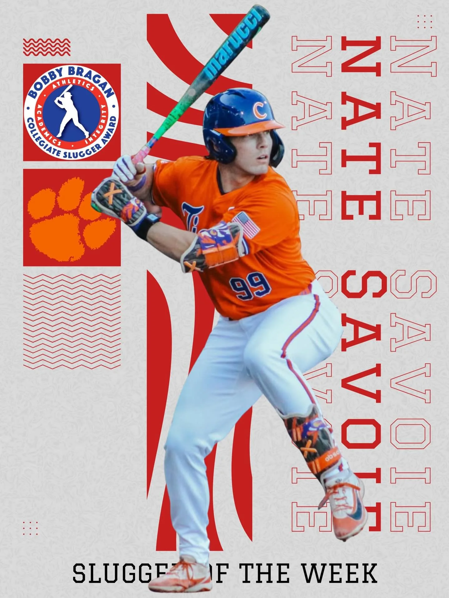 ⚾️🔥 Congratulations to our week 9 Slugger of the Week, Nate Savoie! 🔥⚾️

Nate Savoie of Clemson went 9 for 18, leading the list in hits for the week. He scored 4 runs and knocked in 4 on the strength of 4 extra base hits (two 2B and 2 HR). Nate was
