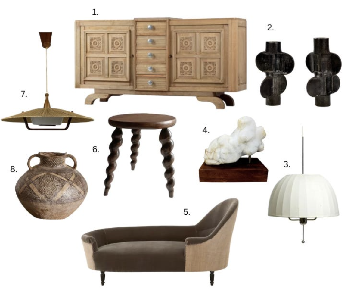Mood board with carved oak sideboard, taupe velvet chaise, vintage pendant lights, and marble sculpture
