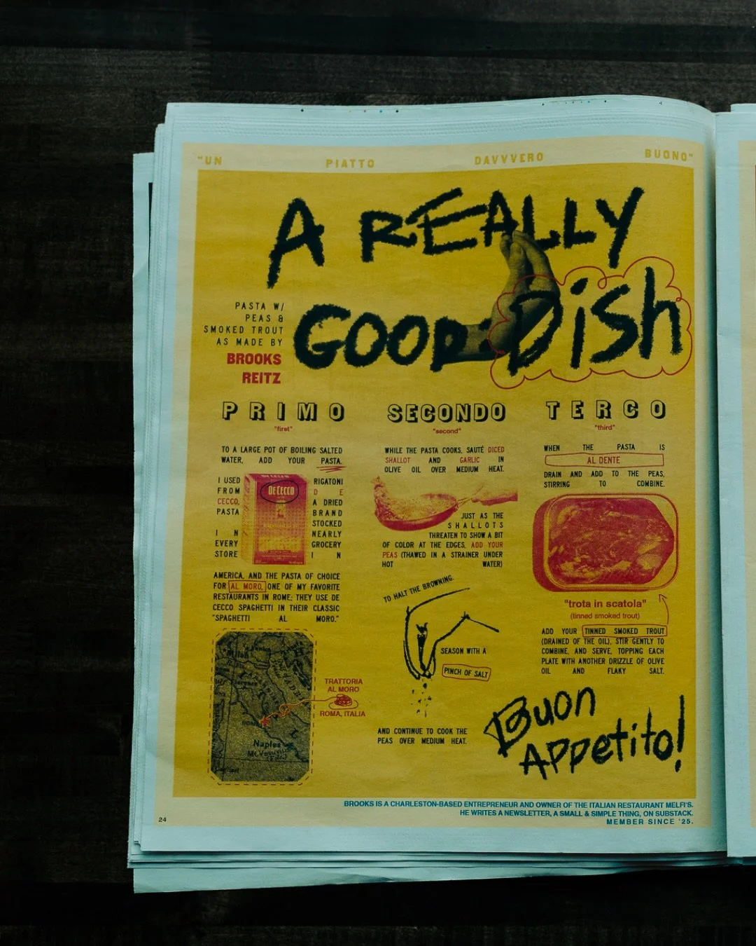 You definitely want to make a really good dish (Pasta with Peas &amp; Smoked Trout) &amp; a really good drink (La Vecchia Piazza)......crafted by Switchyards members doing cool things. 🤌

🍝 @brooksreitz is a Charleston-based entrepreneur and owner 