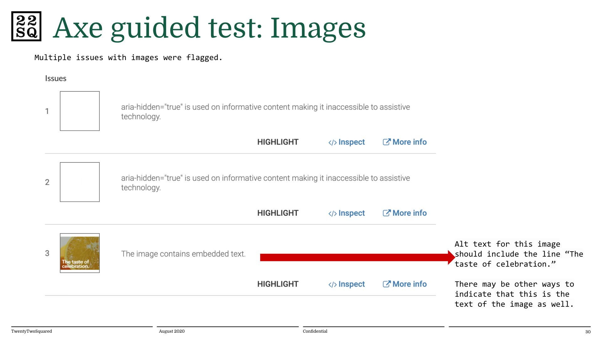 Accessibility test report, indicating Axe test results for images used on a website.