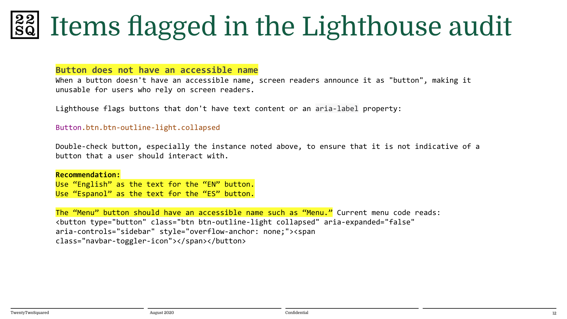 Accessibility test results report, highlighting items found in a Lighthouse test.