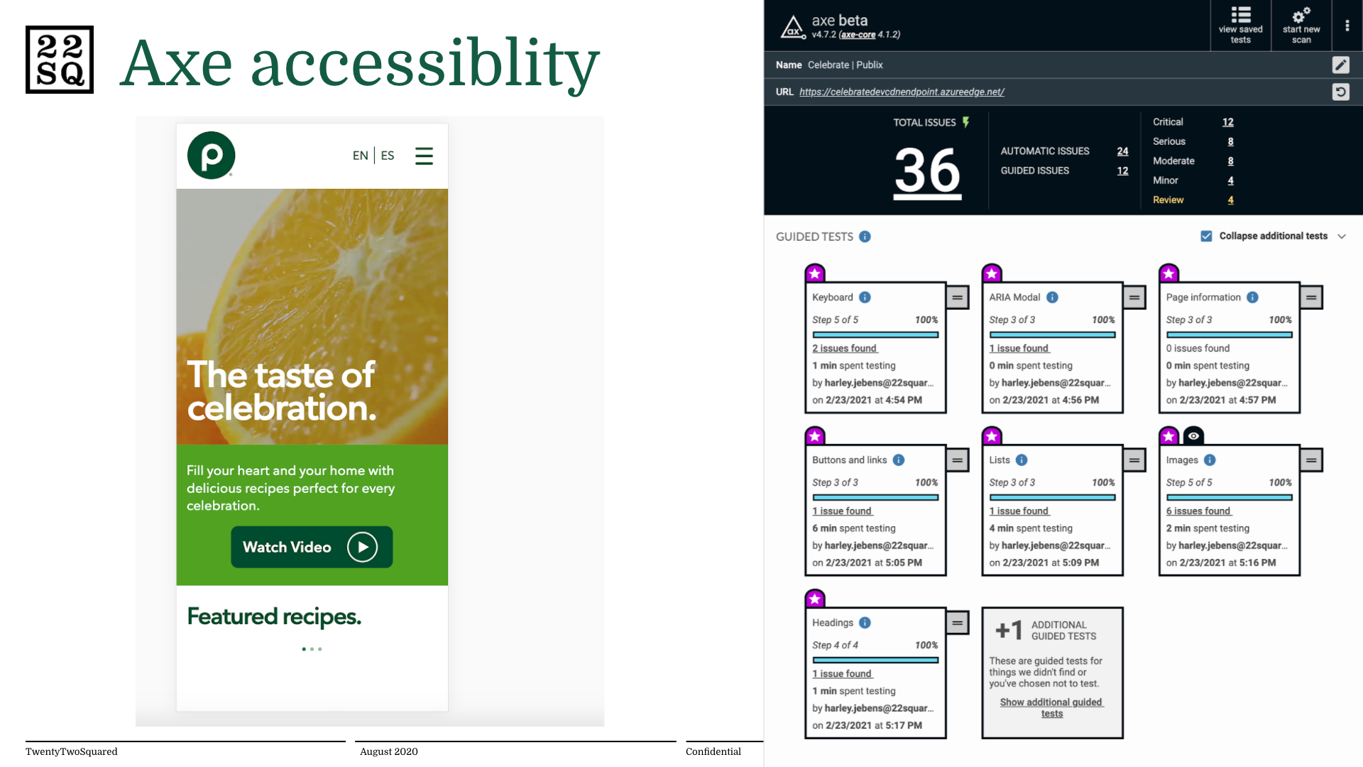 Accessibility test results report, highlighting Axe accessibilty findings.