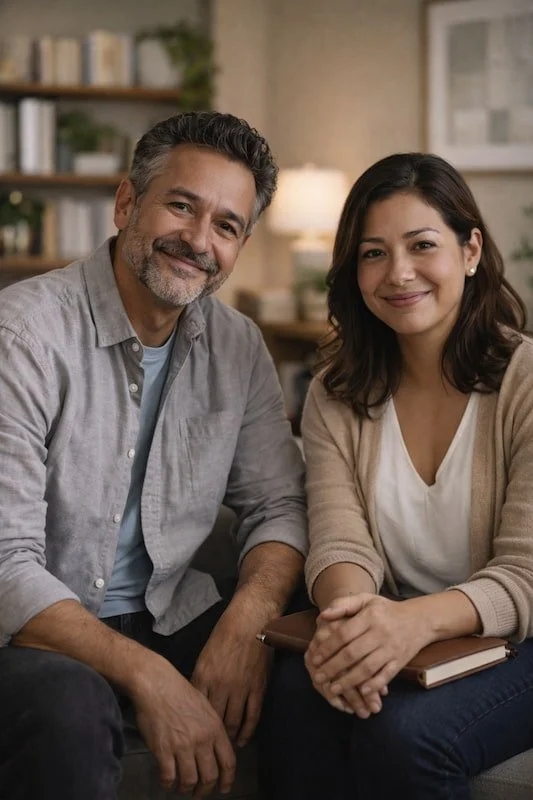 A father daughter looking content