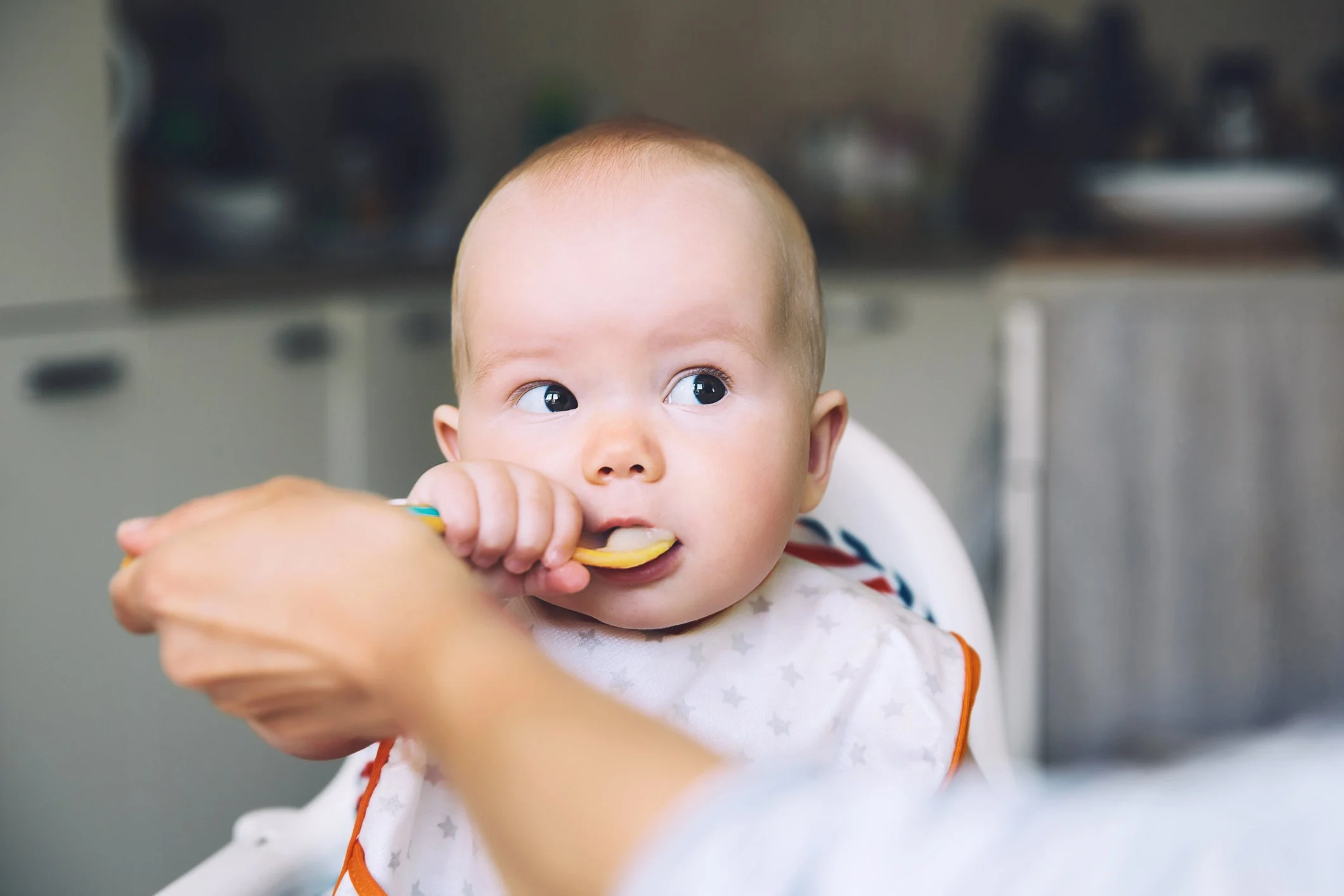 A baby being fed with a spoon by an adult, sitting in a highchair in a kitchen setting.