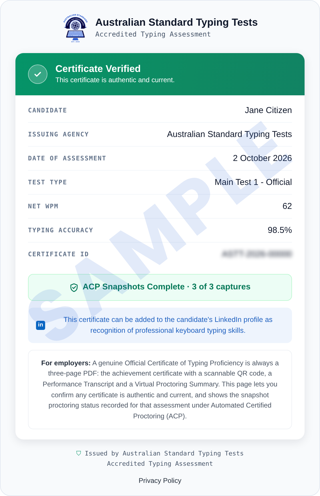 Sample verification page for an Australian Standard Typing Certificate, marked sample