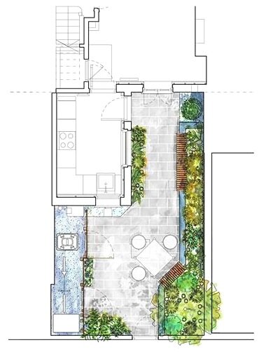 Back garden proposal with natural stone patio and lush green planting to soften the space.

Raised walls (450mm height), enable informal seating arrangements with 3x2 hardwood timber.

That same wood, in 2x1 format, creates a bespoke hit-and-miss fen