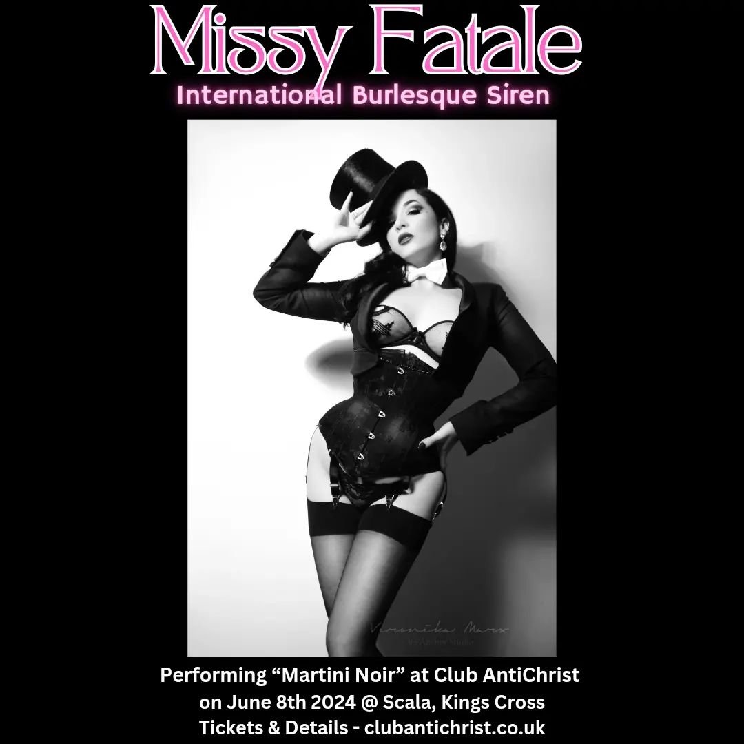 We are thrilled to announce: Missy Fatale, the International Burlesque Siren, will be performing her martini glass burlesque show on June 8th at AC!

We've never had a martini glass at AC, nor have we had the gorgeous and glamorous Missy Fatale - def