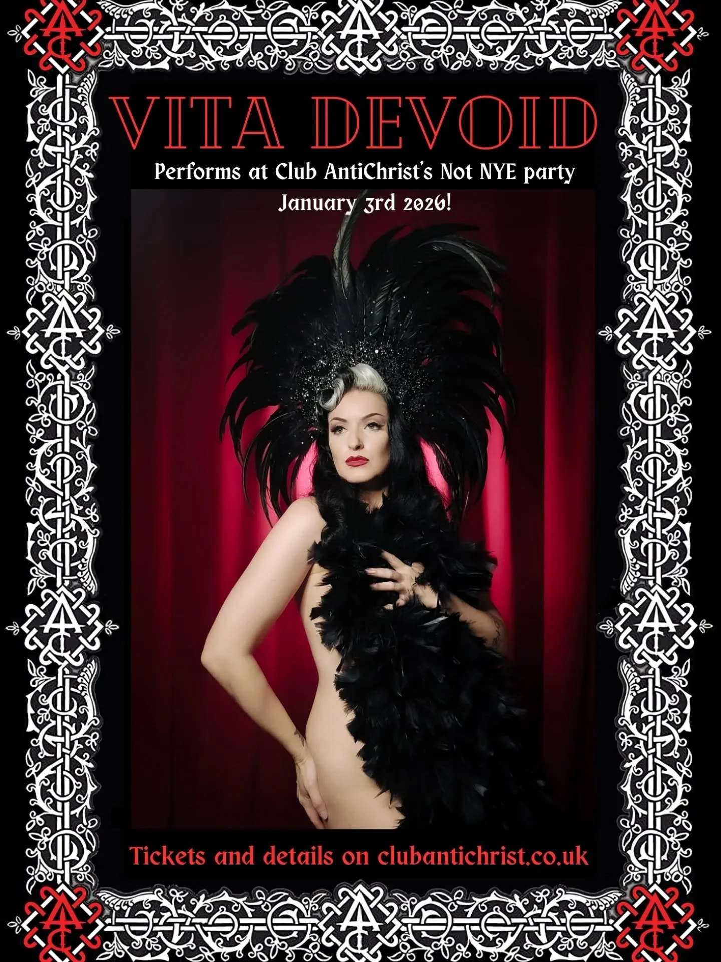 We are thrilled to announce - in her AntiChrist debut -  Vita Devoid will perform on January 3rd at our Not NYE party! 

A featured talent with Dragon*Con, Spooky Empire, Metalesque Fest, Lollapalooza, Carnival Cruise Lines, and more; the Dame of the