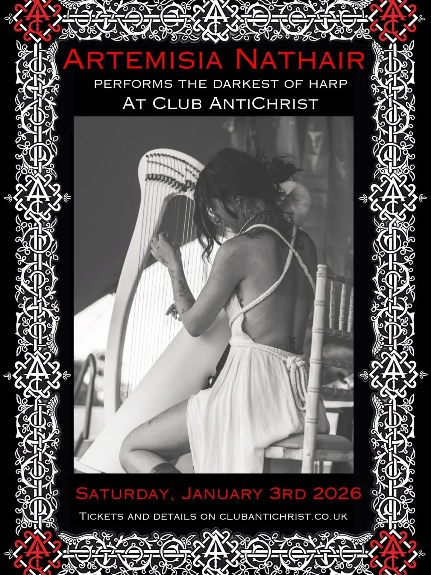 Artemisia brings ritual to Club Antichrist in the form of dark harp music. Enjoy the beautiful soundscapes in the dungeon, on the top floor on January 3rd. 

Tickets are still available for our popular Not NYE party,  find the link in our bio and sto