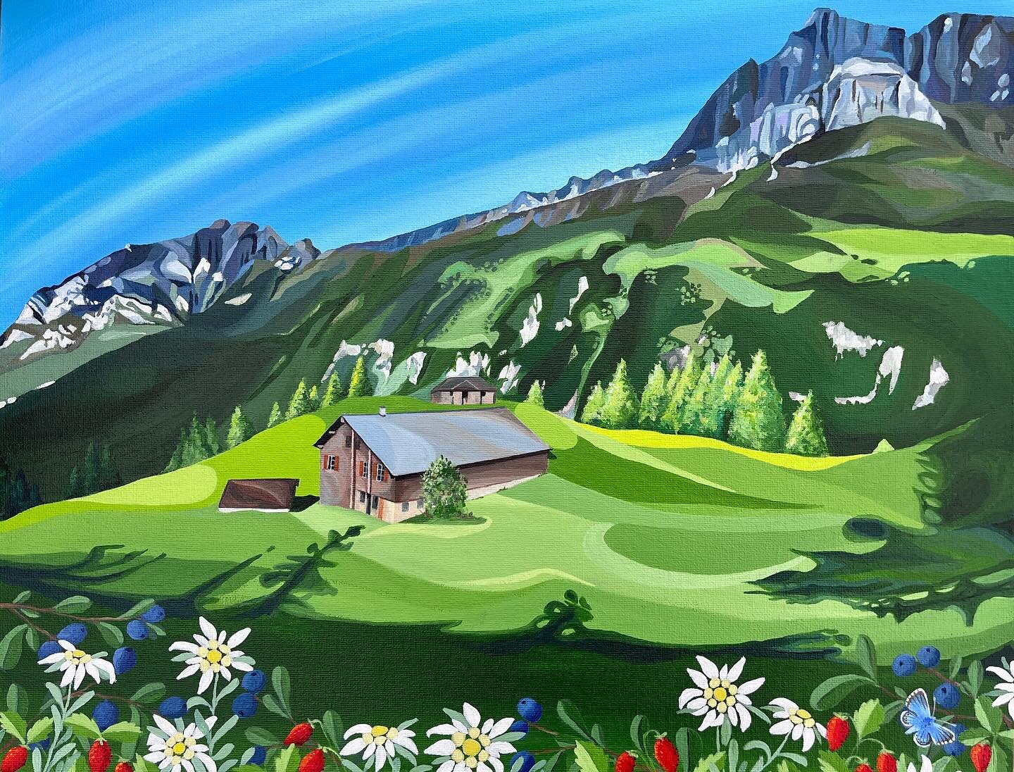 Let me take you to the Switzerland 🇨🇭&hellip;&hellip;beautiful mountains, edelweiss, alpine fruit&hellip;..thank you to those who asked me paint this lovely scene. 🏔️ 🦋 
#switzerland🇨🇭 #mountains #painting