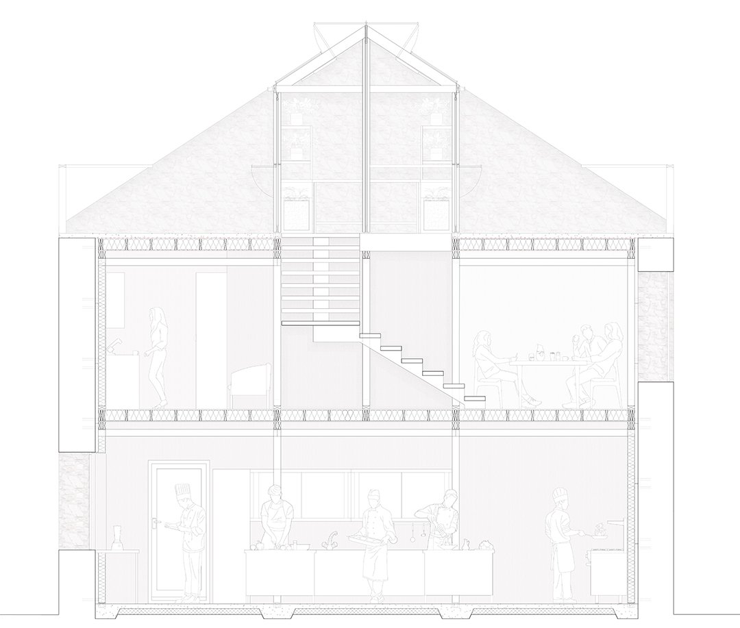 3) Leith Commoning - EKFH Headquarters Detail Cross Section Through Kitchen, Staff Room, Dining, and Roof Terrace with Greenhouse (socials) .jpg