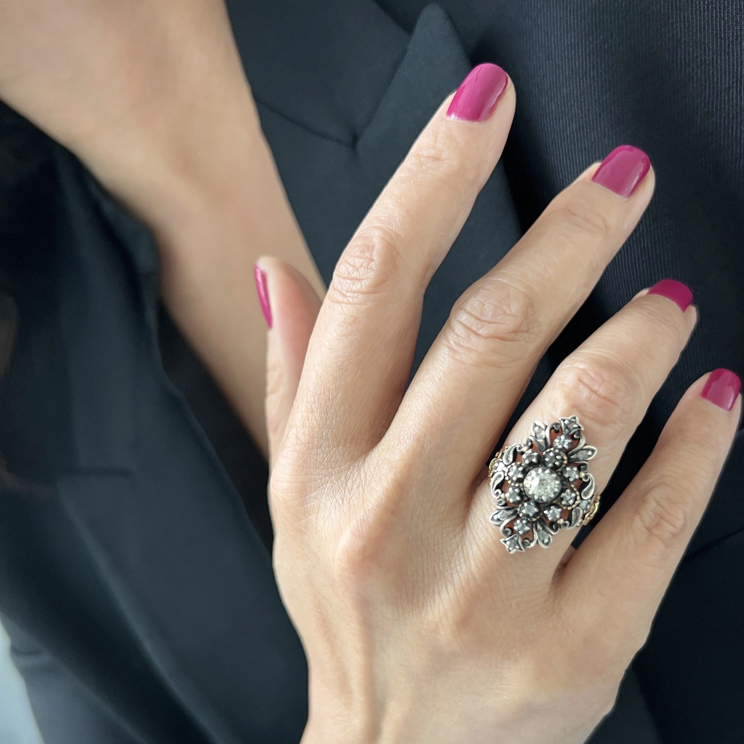 Antique Portuguese Diamond Cluster Ring with Fleur-de-Lis Shoulders