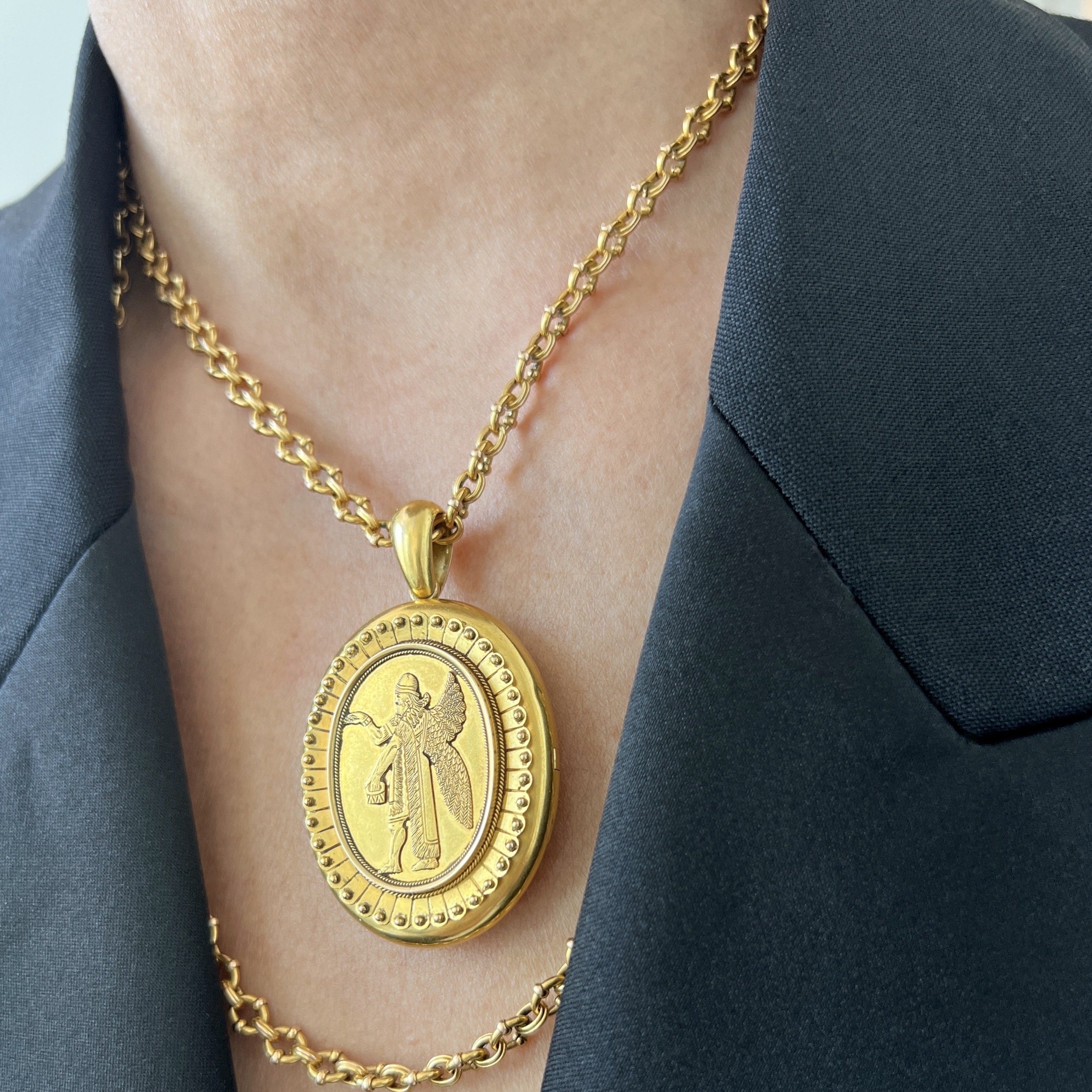 Antique Victorian Assyrian Revival Apkallu Gold Locket -- Body.jpeg